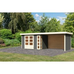 Karibu Kerko 4. Lapostetős kerti ház, modern sarokablakkal, oldal- és hátfallal rendelkező bővítménnyel/terasszal terra szürke színű fából 561 cm x 217 cm