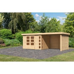 Karibu Kerko 5. Nagyméretű lapostetős kerti ház, modern sarokablakkal, oldal- és hátfallal rendelkező bővítménnyel/terasszal, natúr fából 557 cm x 246 cm