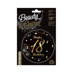 18. évszámos fólia lufi, gömb, HB, fekete-arany