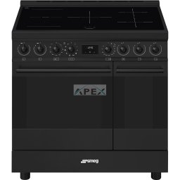 SMEG SZABADONÁLLÓ TŰZHELY, Classica design, 90 cm, 2 sütőtér, indukciós főzőlap, fekete gombok és fogantyúk, matt fekete