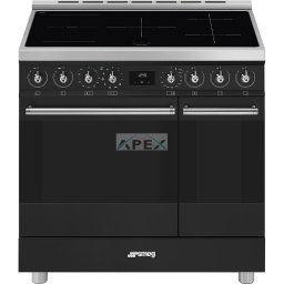 SMEG SZABADONÁLLÓ TŰZHELY, Classica design, 90 cm, 2 sütőtér, indukciós főzőlap, pirolitikus tisztítás, matt fekete