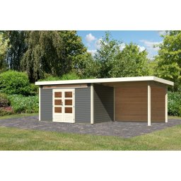 Karibu Kandern 7. Kerti ház, hátfallal rendelkező bővítménnyel/terasszal, terra szürke színű fából 655 cm x 244 cm
