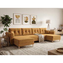 Ágyazható U alakú kanapé SILVIANO 300x140 cm, mustár színű + 2 db díszpárna INGYEN ITAKA 33