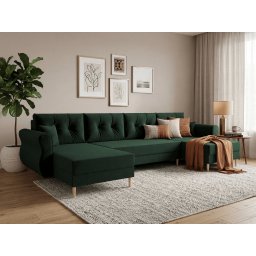 Ágyazható U alakú kanapé SILVIANO 300x140 cm, sötétzöld színű + 2 db díszpárna INGYEN ITAKA 10