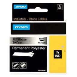 Dymo eredeti címkenyomtató szalag, Dymo, 18487, fekete nyomtatás/metál hátlap, 5,5m, 19mm, RHINO tartós poliészter D