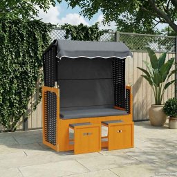vidaXL fekete/antracitszürke polyrattan és tömör fa strandszék tetővel