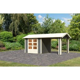 Karibu Theres 3. Nyeregtetős kerti ház, egy oldali tetőhosszabbító bővítménnyel/terasszal, terra szürke színű fából 480 cm x 244 cm