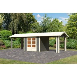Karibu Theres 3. Nyeregtetős kerti ház, két oldali tetőhosszabbító bővítménnyel/terasszal, terra szürke színű fából 720 cm x 244 cm