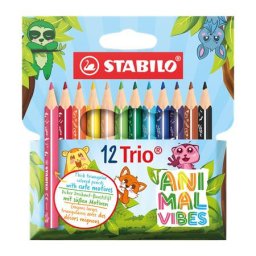 STABILO Színes ceruza készlet, háromszögletű, vastag, STABILO "Trio Thick Short Animal Vibes", 12 különböző szín