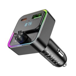 HOCO E81 bluetooth FM transmitter autós töltő USB+Type-C aljzat (30W, PD gyorstöltő 3.0, LED kijelző) FEKETE