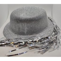 Glitteres Chaplin kalap lamettával, ezüst