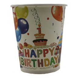 Papír pohár 10 db/cs - Happy Birthday kalapos-tortás-lufis