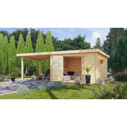 Karibu Trittau 5. Nagyméretű kerti ház 38mm-es falvastagsággal, bővítménnyel/terasszal, natúr fából 669 cm x 297 cm
