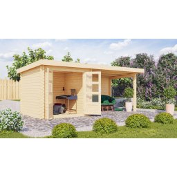 Karibu Bastrup 2. Kerti ház, hátfallal rendelező 3 m széles bővítménnyel/terasszal, natúr fából 519 cm x 237 cm