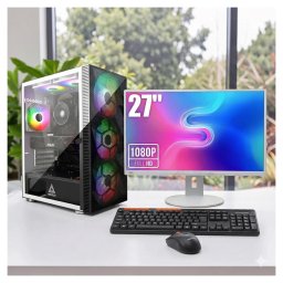Komplett Gaming PC Szett AMD Mesh Ryzen 5 5500/16GB DDR4/1TB NVMe SSD/RTX 3050 6GB/RGB ATX Mesh Ház/Fujitsu B27-8 27" FHD Monitor/Meetion Vezeték nélküli Billentyűzet+Egér/Windows 11 vagy 10