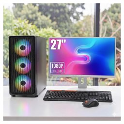 Komplett Gaming PC Szett Montech X5M Black AMD Ryzen 5 5500/16GB DDR4/1TB NVMe SSD/RTX 3050 6GB/Fujitsu B27-8 27" FHD Monitor/Meetion Vezeték nélküli Billentyűzet+Egér/Windows 11 vagy 10
