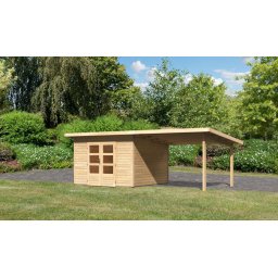 Karibu Northeim 3. Kerti ház bővítménnyel/terasszal, natúr fából 604 cm x 309 cm