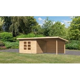 Karibu Northeim 3. Kerti ház hátfallal rendelkező bővítménnyel/terasszal, natúr fából 604 cm x 309 cm