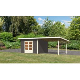 Karibu Northeim 3. Kerti ház bővítménnyel/terasszal, terra szürke színű fából 604 cm x 309 cm