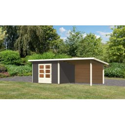 Karibu Northeim 3. Kerti ház hátfallal rendelkező bővítménnyel/terasszal, terra szürke színű fából 604 cm x 309 cm