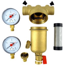 Öntisztító sárgaréz szűrő NEPTUN 3/4", 100 mikron, 2 db manométerrel, mechanikai vízszűrő