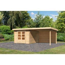 Karibu Bastrup 5. Kerti ház 3 m széles hátfallal rendelkező bővítménnyel/terasszal, natúr fából 579 cm x 297 cm