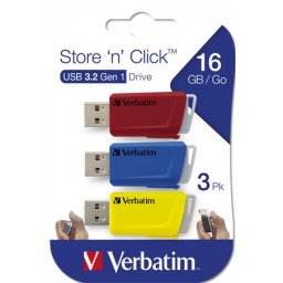 VERBATIM Pendrive, 3 x 16GB, USB 3.2, 80/25MB/sec, VERBATIM "Store n Click", piros, kék, sárga