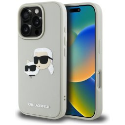 Karl Lagerfeld HC 3D Rubber Double Heads iPhone 16 Pro Max hátlap tok kameravédelemmel, bézs