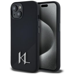 Karl Lagerfeld Silicone Shadow Metal Initial iPhone 15 hátlap tok kameravédelemmel, MagSafe, fekete