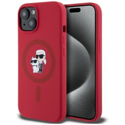Karl Lagerfeld Silicone Karl&Choupette Heads Ring iPhone 15 hátlap tok kameravédelemmel, MagSafe, piros