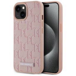 Karl Lagerfeld Leather Monogram Metal Logo iPhone 15 hátlap tok, MagSafe, rózsaszín