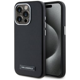 Karl Lagerfeld FW Metal Plate iPhone 15 Pro hátlap tok kameravédelemmel, MagSafe, fekete-ezüst