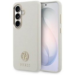 Guess Rhinestone Round Logo Samsung Galaxy S26 mágneses tok, MagSafe, bézs
