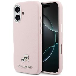 Karl Lagerfeld PU Karl and Choupette Heads Pins Apple iPhone 17 mágneses tok, MagSafe, rózsaszín-ezüst