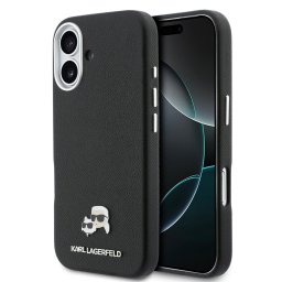 Karl Lagerfeld PU Karl and Choupette Heads Pins Apple iPhone 17 mágneses tok, MagSafe, fekete-ezüst