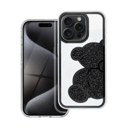 Teddy Bear iPhone 15 Pro csillogó köves tok, fekete