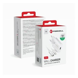Forcell F-Energy TFK-TC-20WPD USB-C + USB-C-Lightning töltő adapter kábellel, PD, QC4.0, 3A, 20W, fehér