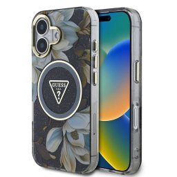 Guess IML Glitter Magnolia and Triangle Logo iPhone 16 MagSafe hátlap tok, fekete