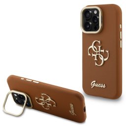 Guess PU Grained 4G Logo Stand Camera Frame iPhone 15 Pro hátlap tok kitámasztóval, barna