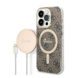 Guess 4G Print MagSafe Apple iPhone 14 Pro Max hátlap tok, barna + MagSafe töltő