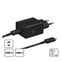 Samsung hálózati adapter USB-C + USB-C kábellel, PD, 45W, Fekete