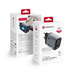 Forcell F-Energy GaN III VT-37 2xUSB-C + USB-A töltő adapter LCD kijelzővel, PD, QC4.0, SFC2.0, 3,45A, 70W, szürke