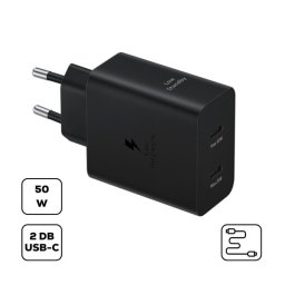Samsung hálózati adapter 2xUSB-C + USB-C kábellel, PD, 50W, fekete