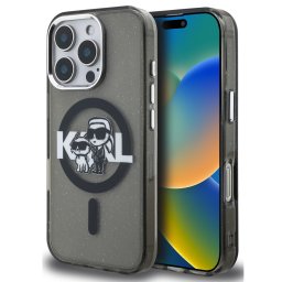 Karl Lagerfeld IML Glitter Karl and Choupette Sketch iPhone 15 Pro MagSafe kompatibilis hátlap tok, fekete