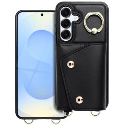 Wonder Samsung Galaxy S25 Edge kártyatartós tok gyűrűs kitámasztóval, csuklóra / vállra akasztható pánttal, fekete
