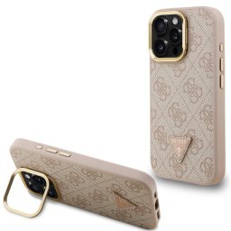 Guess PU 4G Strass Triangle Logo Apple iPhone 15 Pro Max MagSafe tok kitámasztható kamera peremmel, rózsaszín-arany