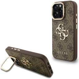 Guess PU 4G Metal Logo Apple iPhone 15 Pro Max hátlap tok kitámasztható kamera peremmel, barna-arany