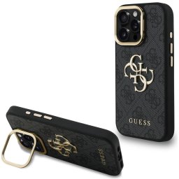 Guess PU 4G Metal Logo Apple iPhone 15 Pro Max hátlap tok kitámasztható kamera peremmel, fekete-arany