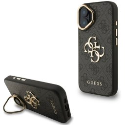 Guess PU 4G Metal Logo Apple iPhone 16 hátlap tok kitámasztható kamera peremmel, fekete-arany