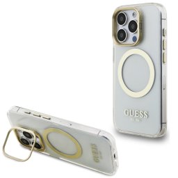 Guess IML Gold Outline Stand Camera Frame iPhone 15 Pro MagSafe hátlap tok kitámasztóval, átlátszó-arany